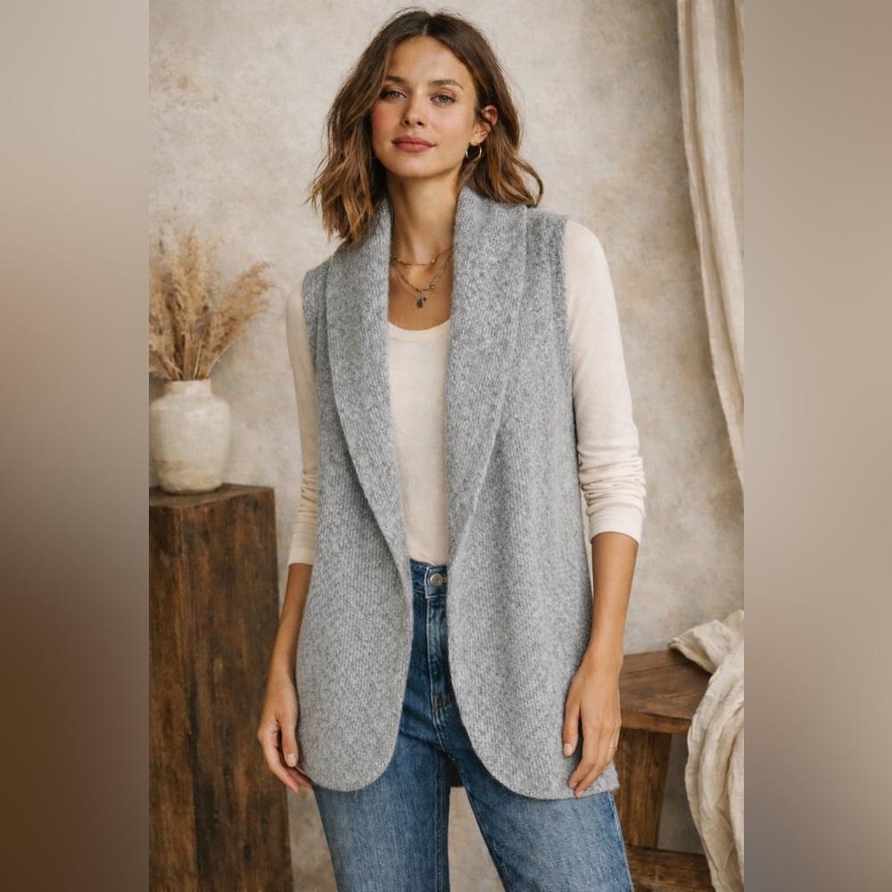 LOFT Gray Sleeveless Sweater‎ Vest Cardigan w/ Pockets Shawl Collar (XS)